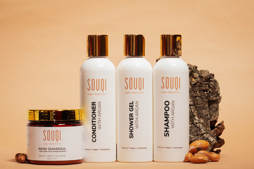 Souqi AMANI Giftset – complete verzorgingsset met Argan shampoo, conditioner, douchegel en Ghassoul kleimasker voor huid en haar