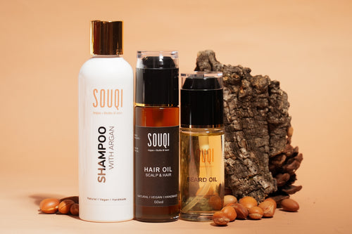 Souqi ATLAS Giftset voor mannen: natuurlijke baardolie, kruidenrijke haarolie en voedende Arganshampoo voor haar- en baardverzorging