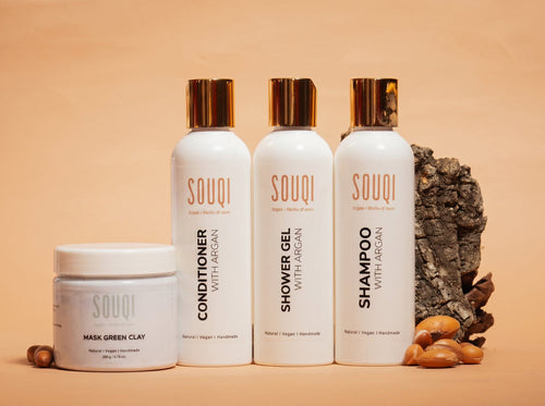 Souqi Amani Giftset — Argan shampoo, conditioner, showergel en groen kleimasker voor natuurlijke haar- en huidverzorging