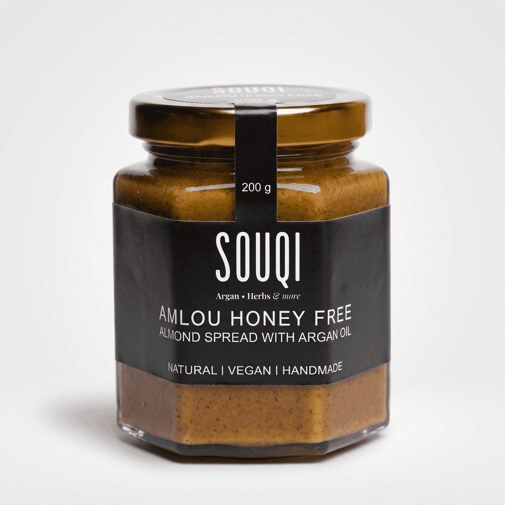 Souqi Suikervrije Amlou ingrediënten — geroosterde amandelen, 100% biologische culinaire arganolie
