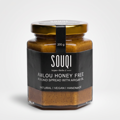 Souqi Suikervrije Amlou ingrediënten — geroosterde amandelen, 100% biologische culinaire arganolie