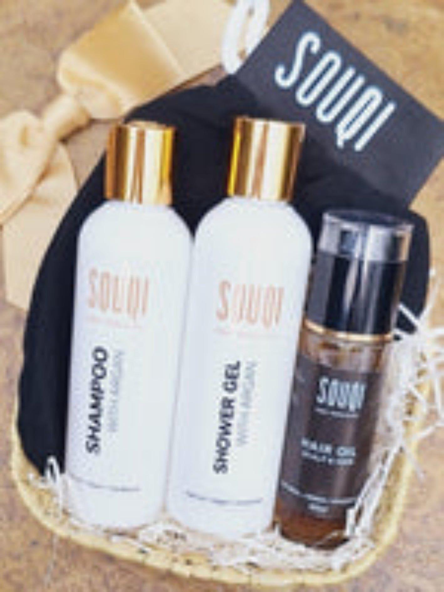 Souqi Argan Haarolie Giftset — haarolie, shampoo, showergel en Hammam Kese scrubhandschoen voor complete haarverzorging
