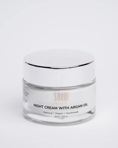Souqi Argan Moisturising Nachtcrème 50g — biologisch, vitamine C & E en sheaboter voor stralende huid