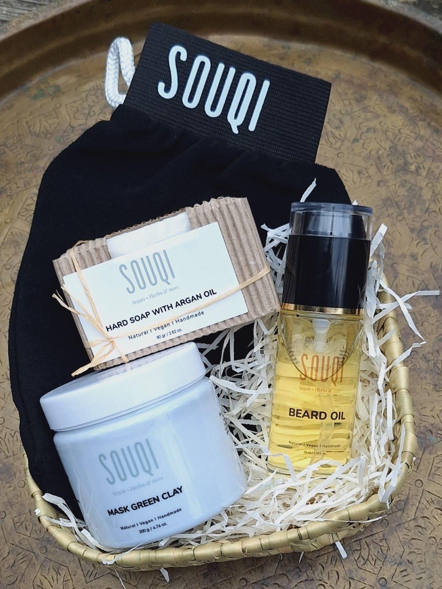Souqi Baardolie Giftset — baardolie, groen kleimasker, Argan zeep en Hammam Kese scrubhandschoen in een cadeaumandje