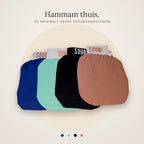 Souqi Hammam Kese scrubhandschoen (kessa) in vier kleuren: blauw, mintgroen, zwart en zachtroze
