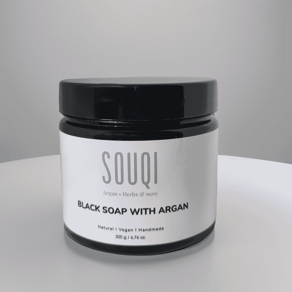 Souqi Zwarte Zeep ingrediënten — olijfschilolie en arganolie, 100% natuurlijk vegan handgemaakt